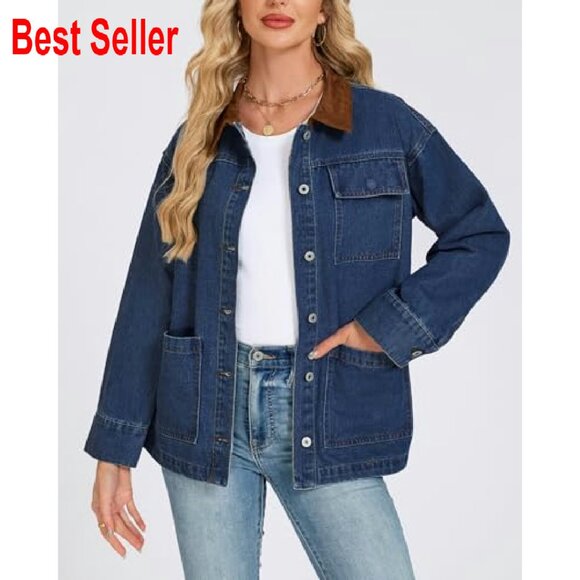 Oversized Denim Jacket Button Up Long Sleeve Faux Suede Collar Barn Coat - Picture 5 of 7